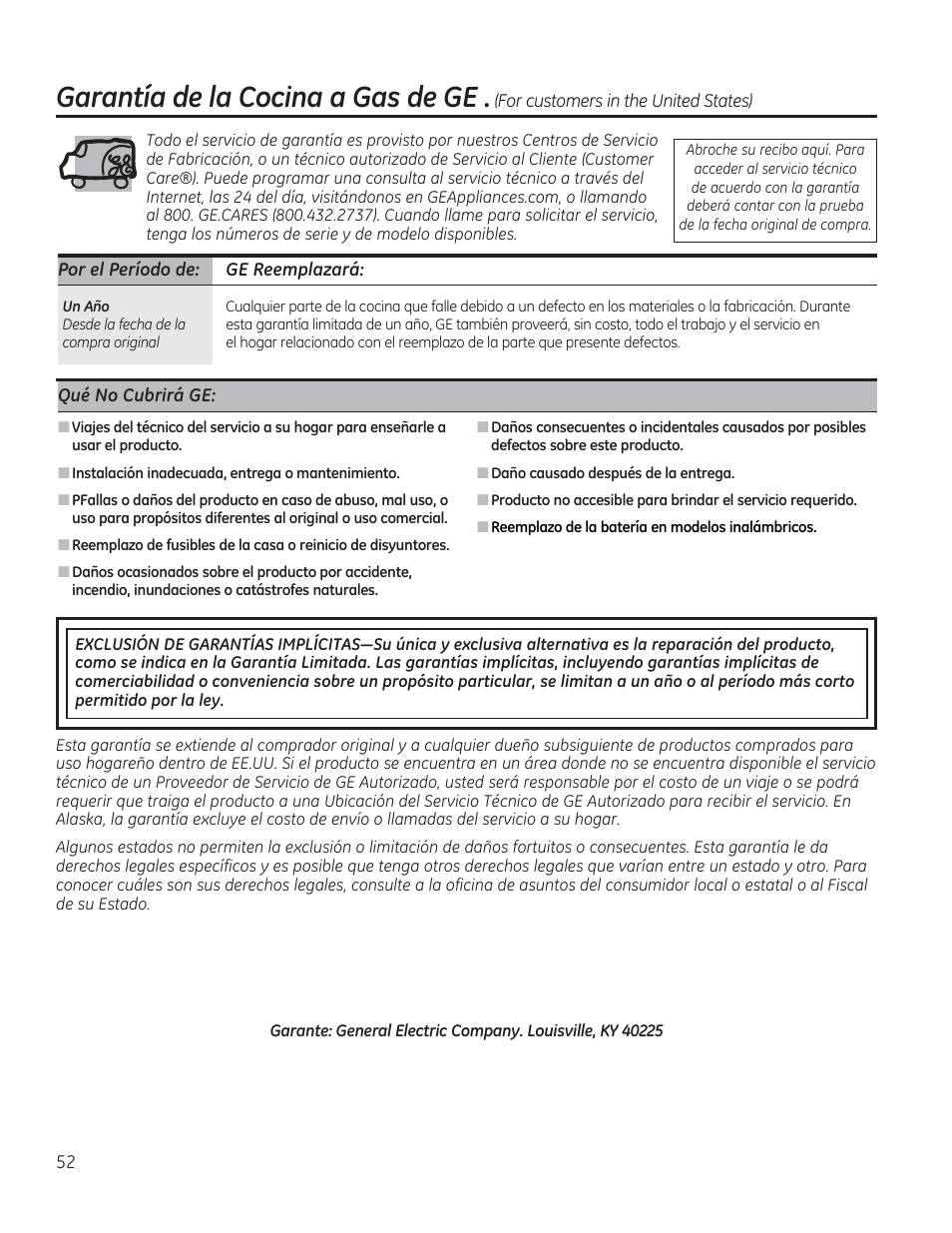 Qué no cubrirá ge, Garantía de ¡a cocina a gas de ge, For customers in the united states) | Por el período de: ge reemplazará | GE JGBP27DEMWW User Manual | Page 108 / 112