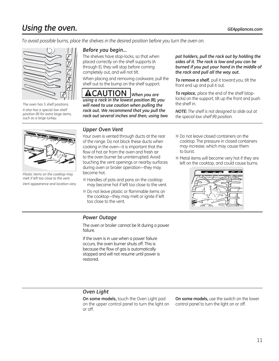 Before you begin, Upper oven vent, Power outage | Oven light, Acaution, Using the oven | GE JGBP27DEMWW User Manual | Page 11 / 112