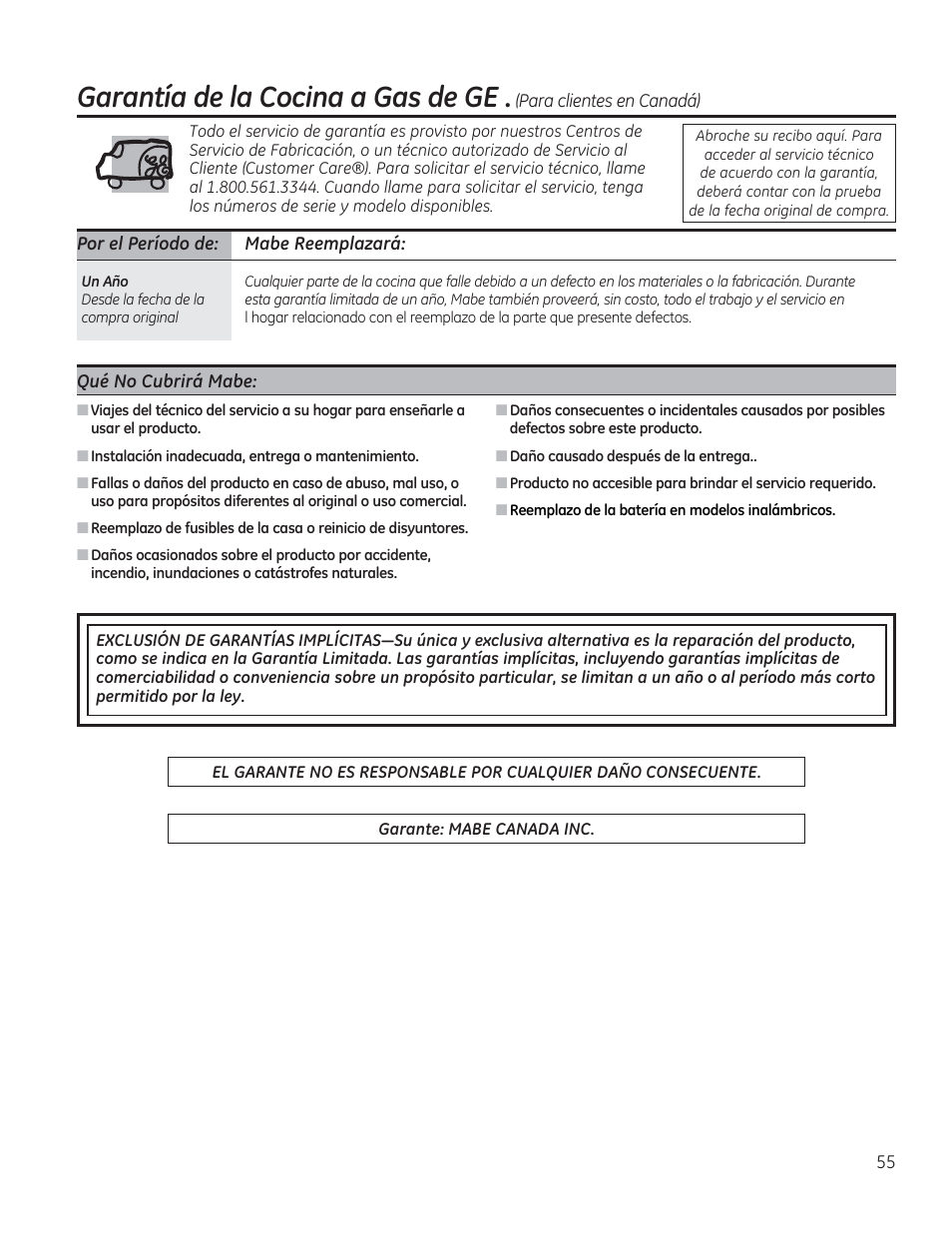 Por el período de: habe reemplazará, Qué no cubrirá mabe, Garantía de ¡a cocina a gas de ge | GE JGBP27DEMWW User Manual | Page 111 / 112