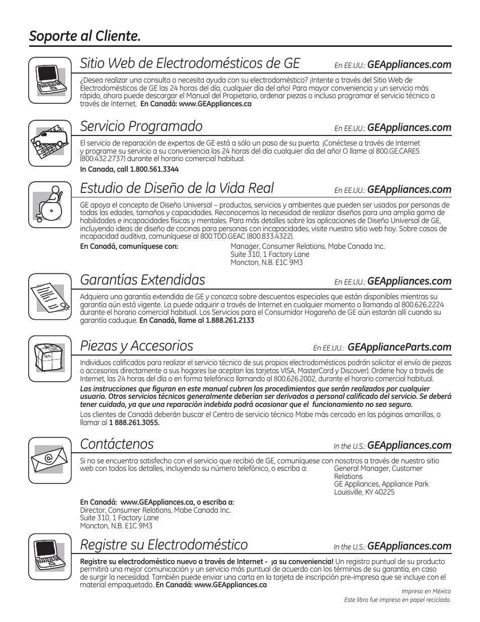 Soporte al cliente, Sitio web de electrodomésticos de ge, Servicio programado | Estudio de diseño de lo vida real, Garantías extendidas, Piezas, Accesorios, Gontáctenos, Registre su electrodoméstico | GE JGBP27DEMWW User Manual | Page 112 / 112