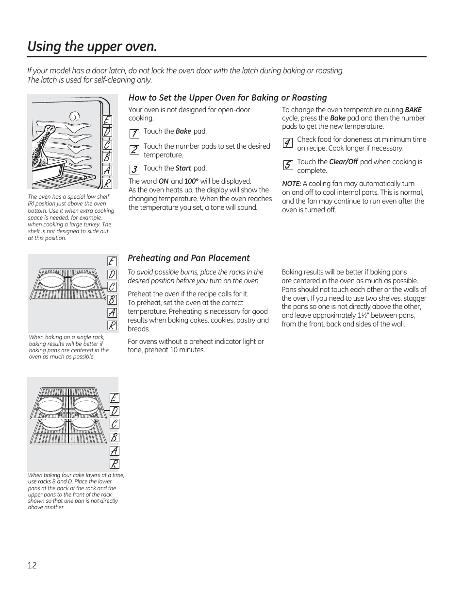 How to set the upper oven for baking or roasting, Preheating and pan placement, Using the upper oven | GE JGBP27DEMWW User Manual | Page 12 / 112