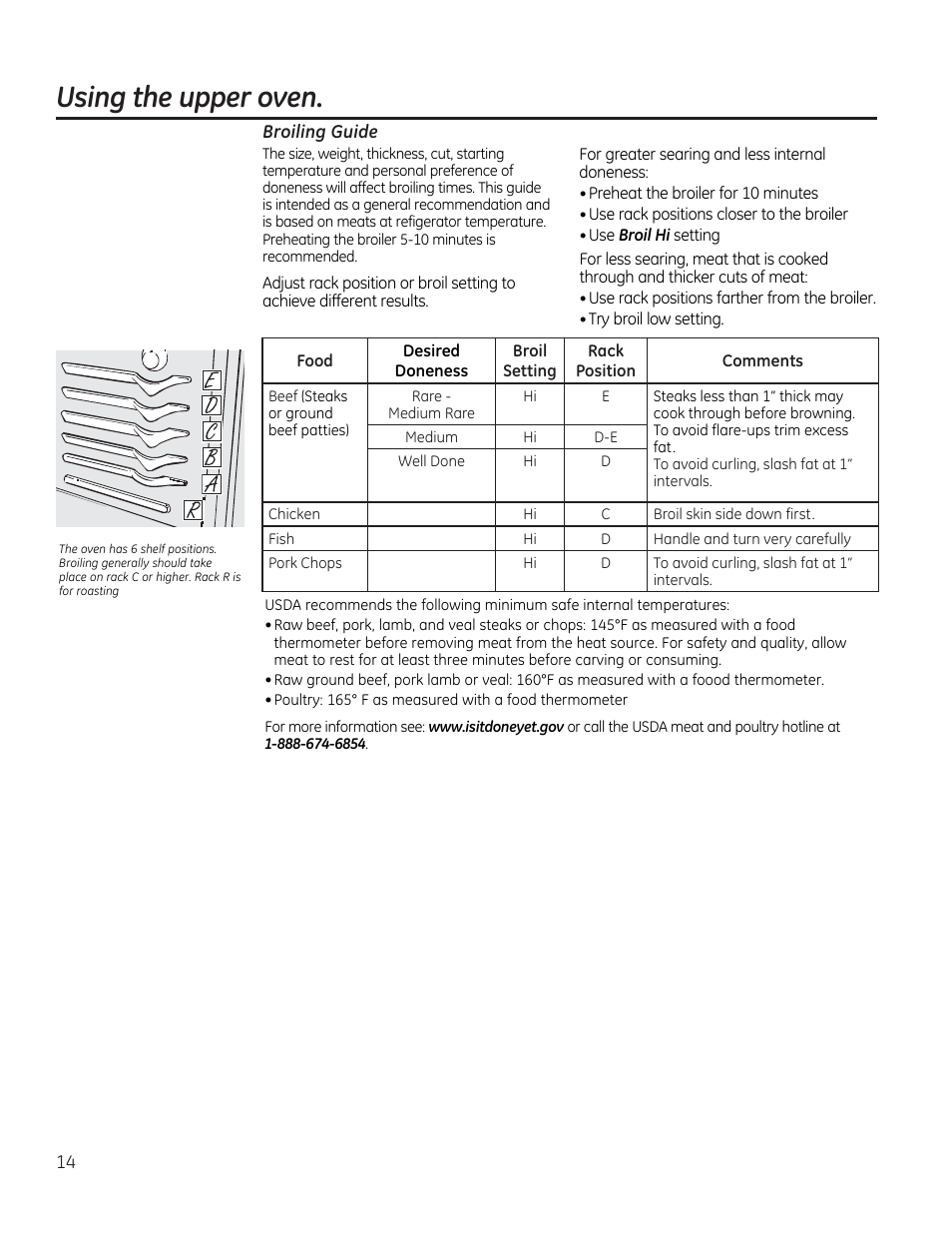 Broiling guide, Using the upper oven | GE JGBP27DEMWW User Manual | Page 14 / 112