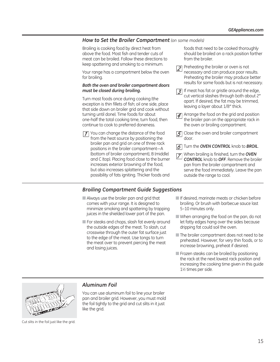Broiling compartment guide suggestions, Aluminum foil, Aluminum foil , 15 | GE JGBP27DEMWW User Manual | Page 15 / 112