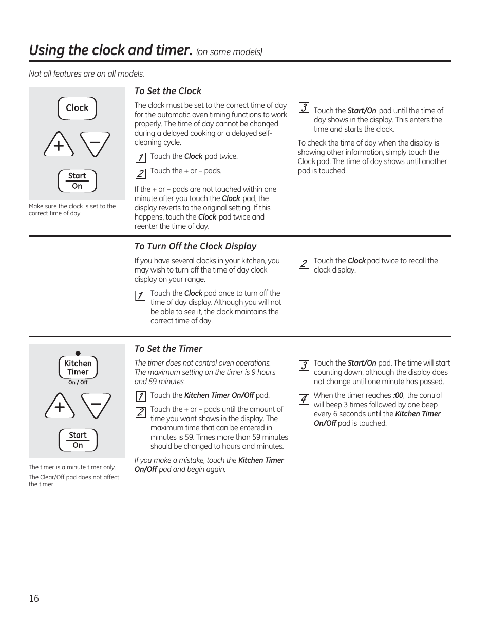 To set the clock, To turn off the clock display, To set the timer | Using the dock and timer | GE JGBP27DEMWW User Manual | Page 16 / 112