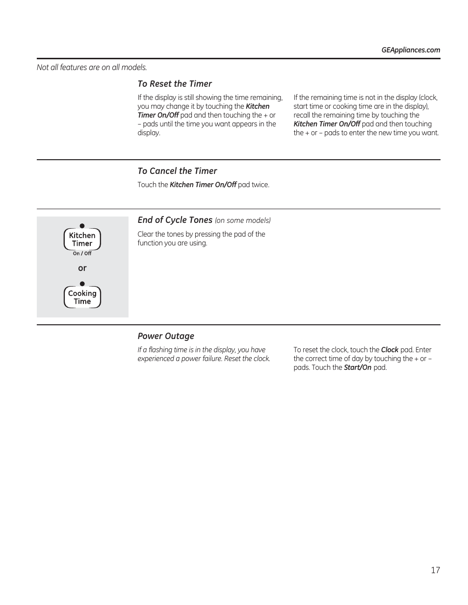 To reset the timer, To cancel the timer, End of cycle tones (on some models) | Power outage | GE JGBP27DEMWW User Manual | Page 17 / 112