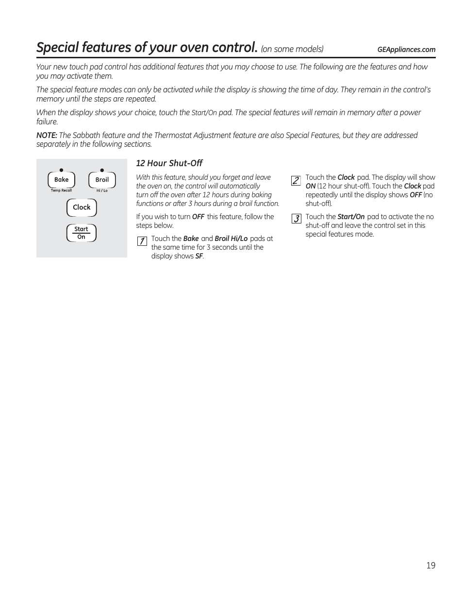 12 hour shut-off, Special features of your oven control | GE JGBP27DEMWW User Manual | Page 19 / 112