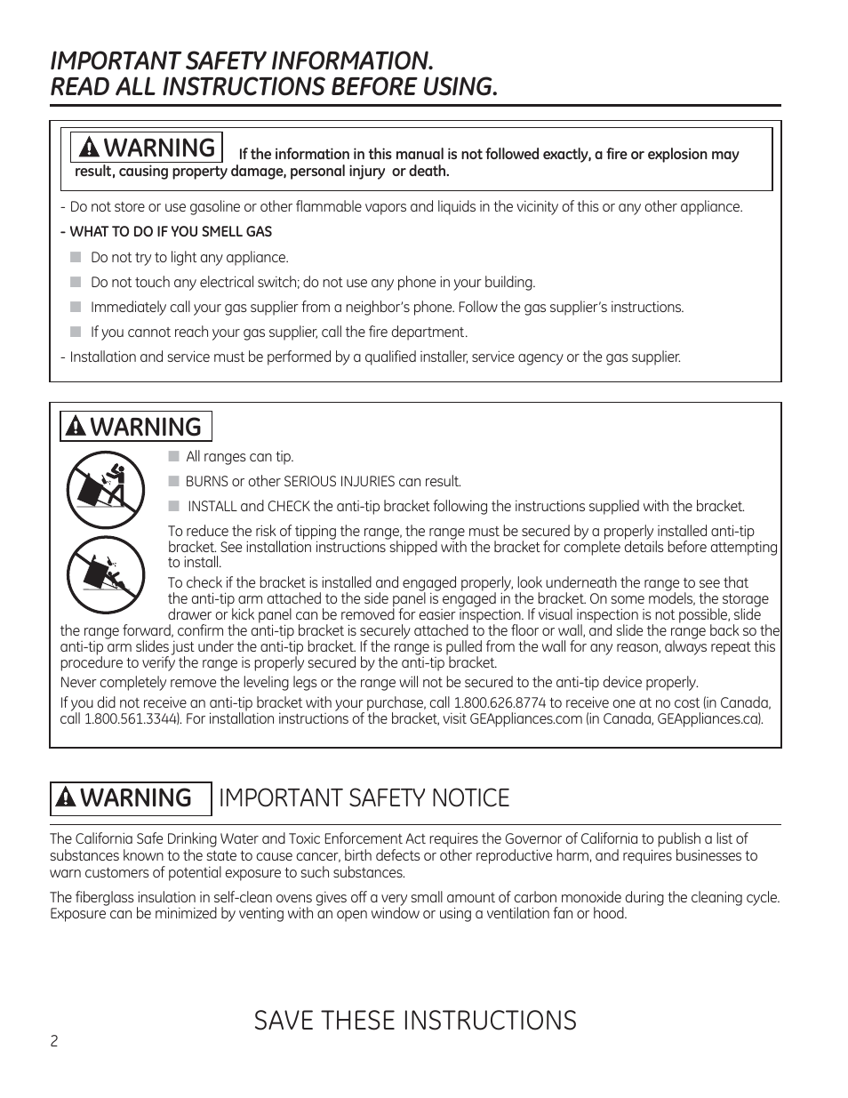 Important safety information, Read all instructions before using, A warning | Save these instructions, Important safety notice | GE JGBP27DEMWW User Manual | Page 2 / 112