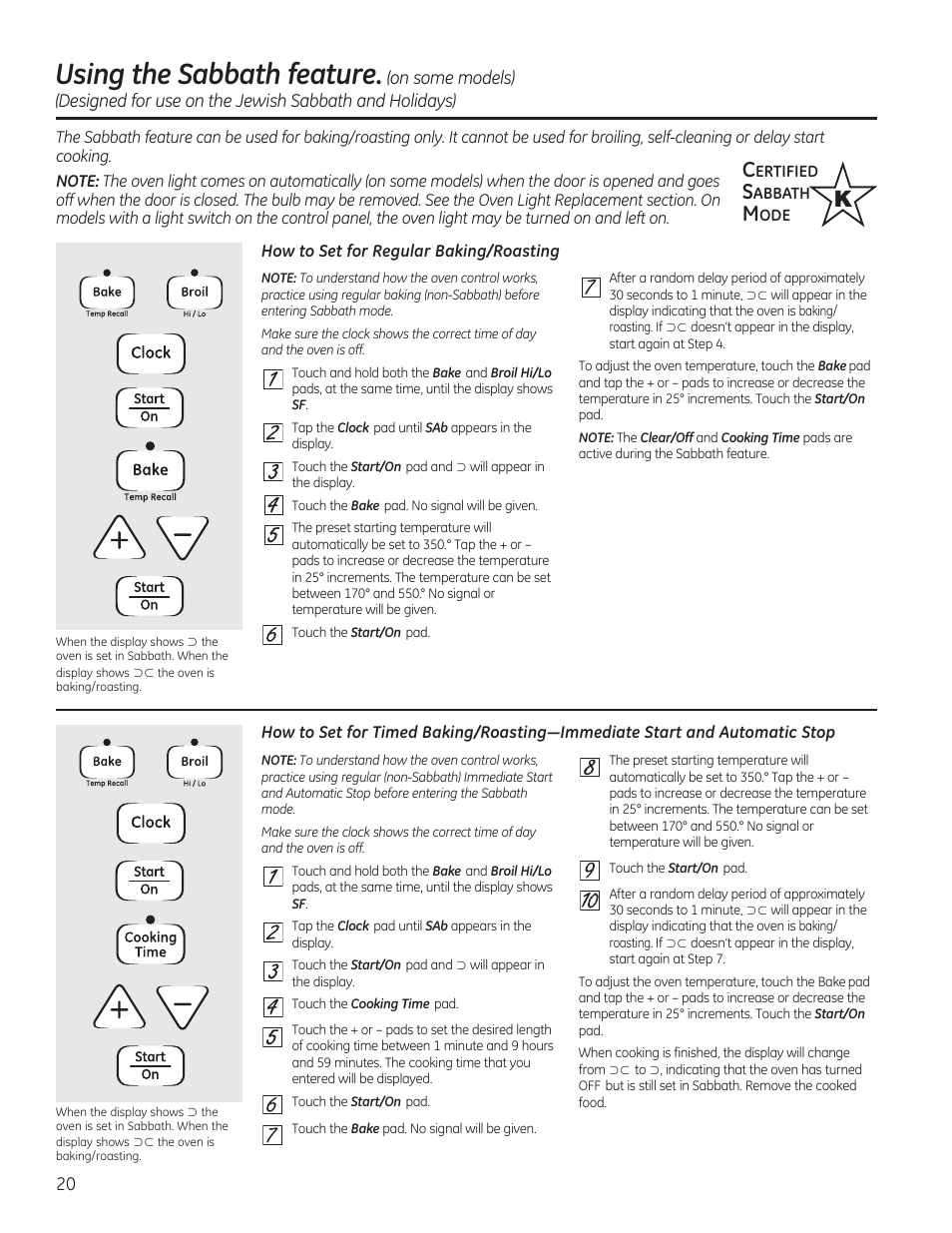 Using the sabbath feature, On j | GE JGBP27DEMWW User Manual | Page 20 / 112