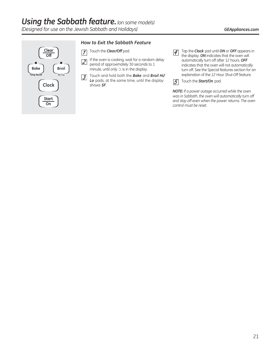 Using the sabbath feature, Offj | GE JGBP27DEMWW User Manual | Page 21 / 112