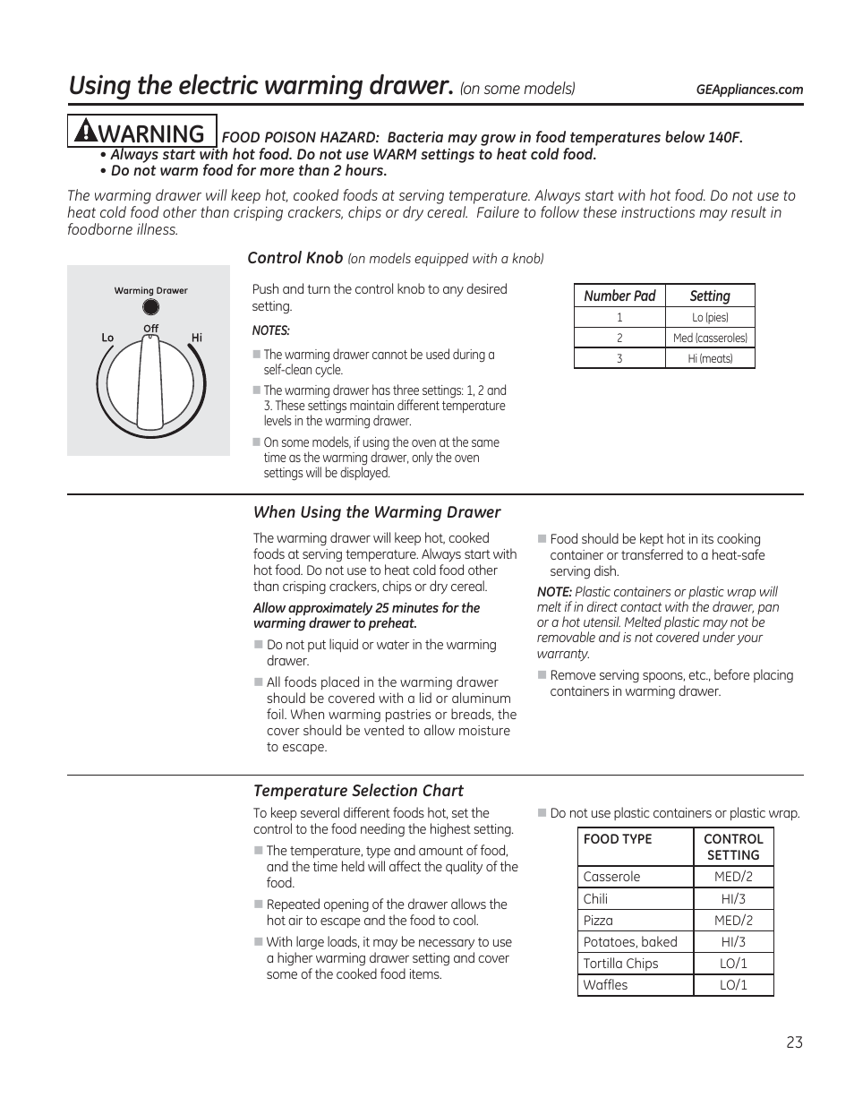 When using the warming drawer, Temperature selection chart, Using the electric warming drawer | Warning | GE JGBP27DEMWW User Manual | Page 23 / 112