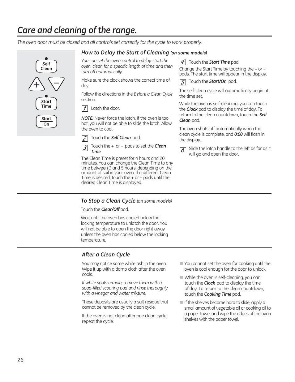 To stop a clean cycle (on some models), After a clean cycle, Care and cleaning of the range | GE JGBP27DEMWW User Manual | Page 26 / 112