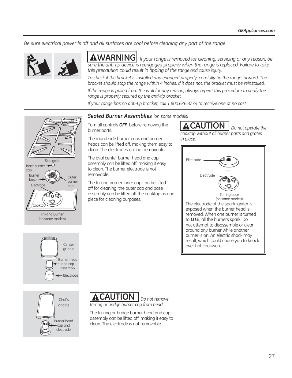 Sealed burner assemblies (on some models), Acaution, Awarning | GE JGBP27DEMWW User Manual | Page 27 / 112