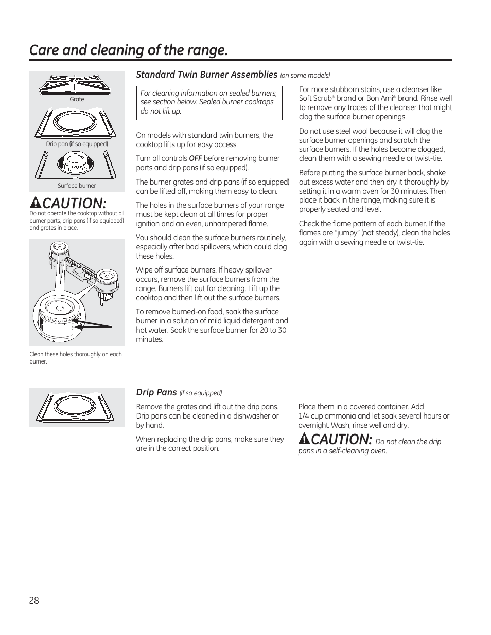 Standard twin burner assemblies (on some models), Acaution, Care and cleaning of the range | GE JGBP27DEMWW User Manual | Page 28 / 112