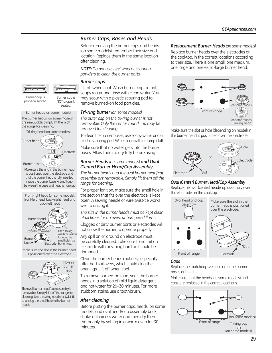 Burner caps, bases and heads, Burner caps, Tri-ring burner | Burner heads, And oval (center) burner head/cap assembly, After cleaning, Replacement burner heads | GE JGBP27DEMWW User Manual | Page 29 / 112