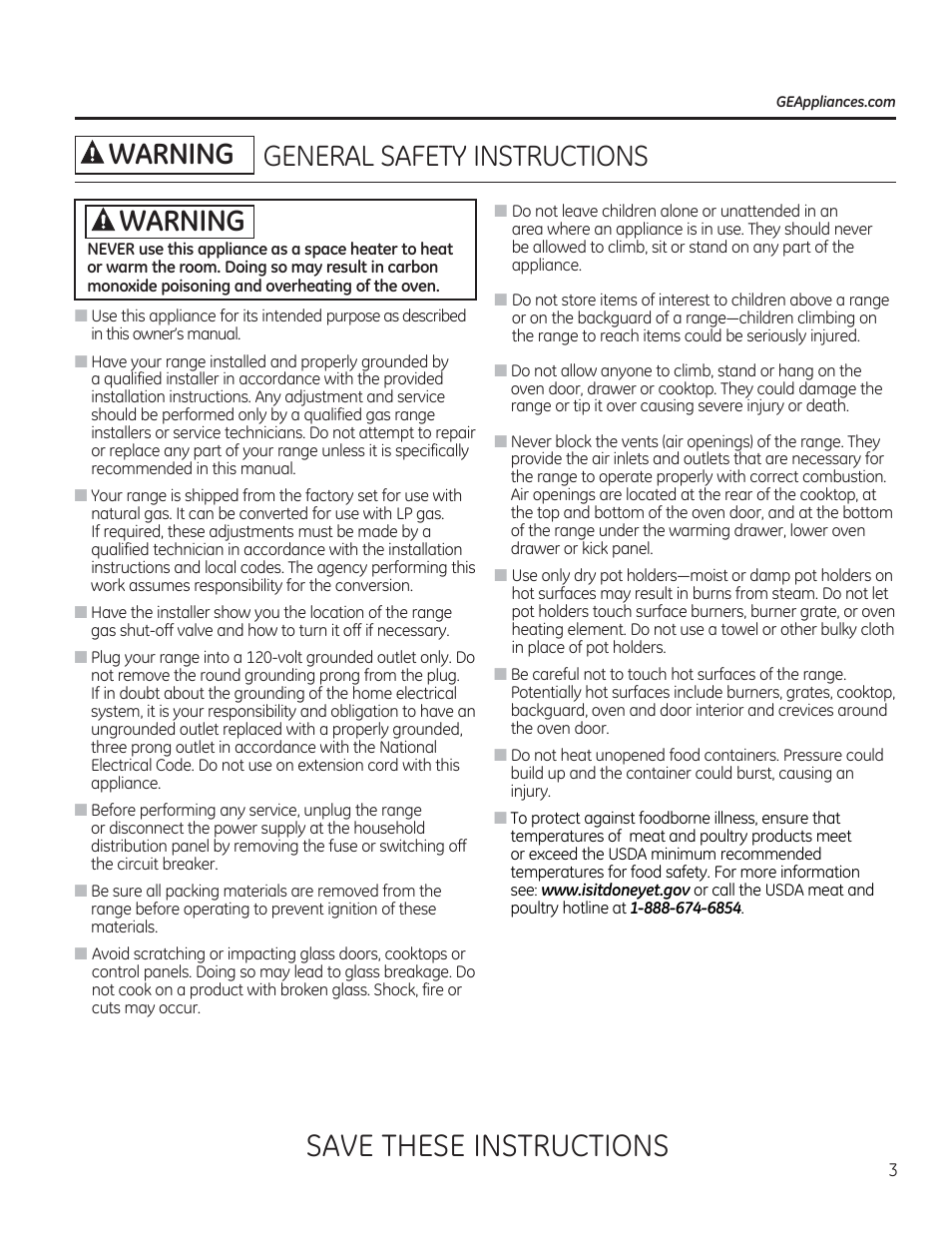 A warning, Save these instructions, General safety instructions | GE JGBP27DEMWW User Manual | Page 3 / 112