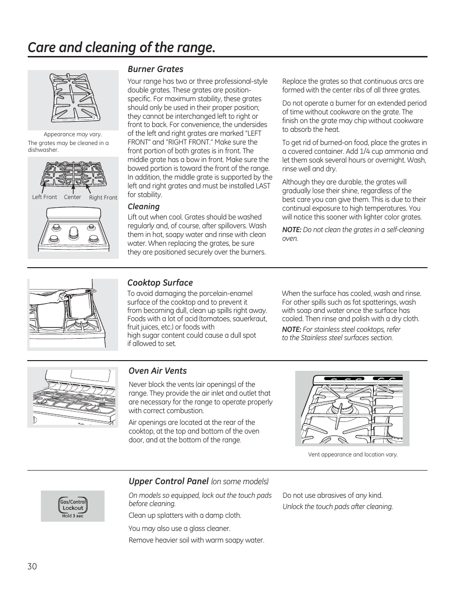 Burner grates, Cooktop surface, Oven air vents | Upper control panel (on some models), Oven vents, Care and cleaning of the range | GE JGBP27DEMWW User Manual | Page 30 / 112