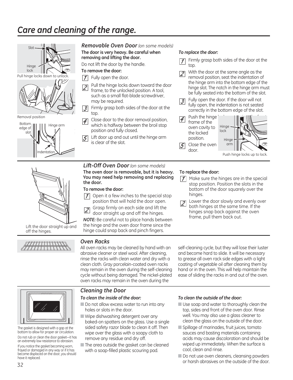 Lift-off oven door (on some models), Oven racks, Cleaning the door | Care and cleaning of the range | GE JGBP27DEMWW User Manual | Page 32 / 112