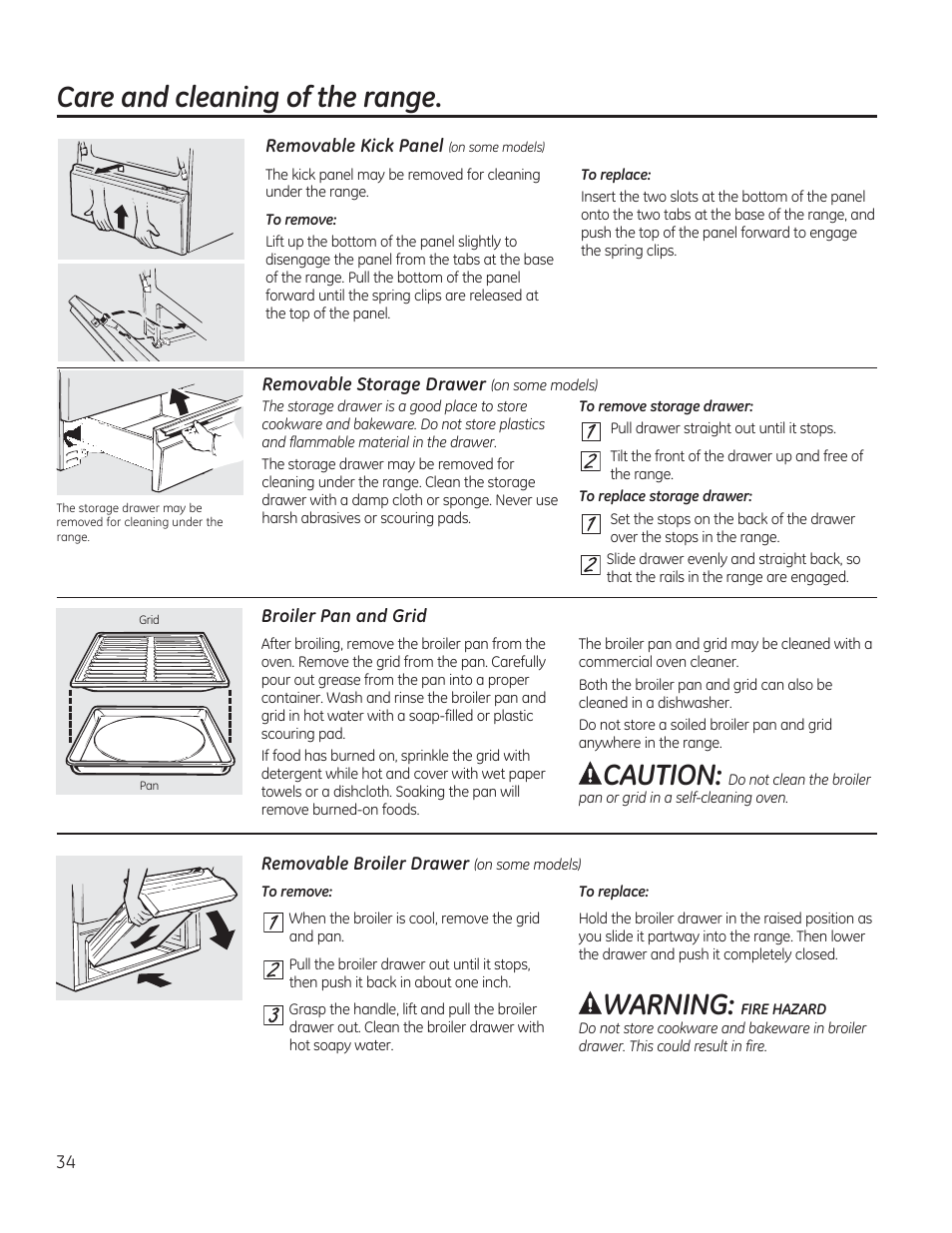 Removable kick panel (on some models), Broiler pan and grid, Acaution | Ii^warning, Care and cleaning of the range, Fire, Hazard | GE JGBP27DEMWW User Manual | Page 34 / 112