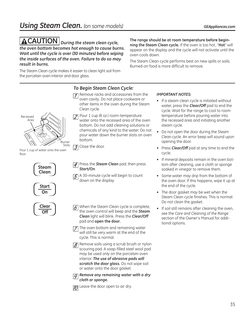 To begin steam clean cycle, Acaution, Using steam clean | Steam, On some models), Start, Clear | GE JGBP27DEMWW User Manual | Page 35 / 112