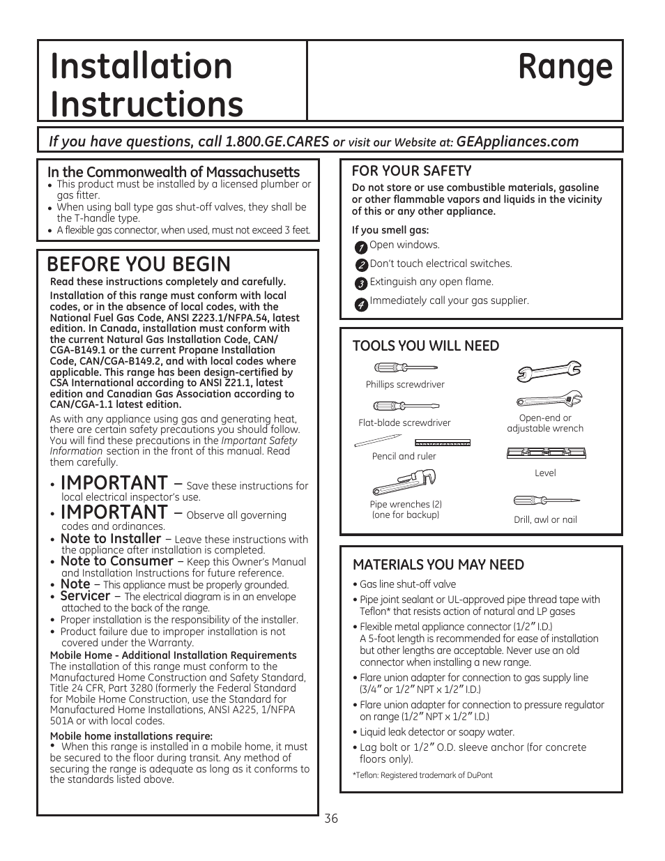 For your safety, Materials you may need, Installation instructions range | Before you begin, Important | GE JGBP27DEMWW User Manual | Page 36 / 112