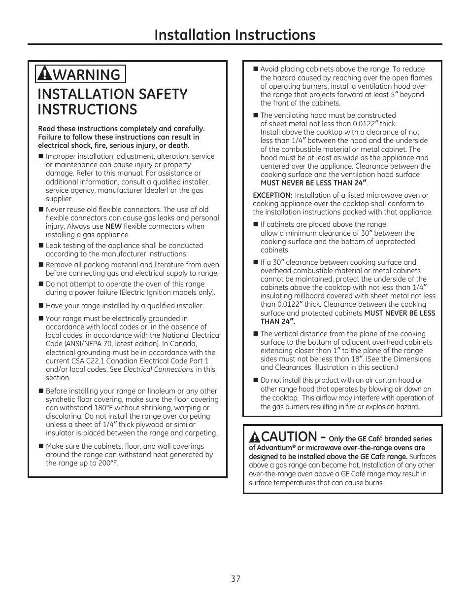 Installation safety instructions, Installation instructions, Acaution | Warning | GE JGBP27DEMWW User Manual | Page 37 / 112