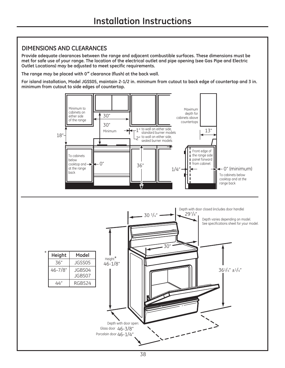 Dimensions and clearances, Installation instructions | GE JGBP27DEMWW User Manual | Page 38 / 112