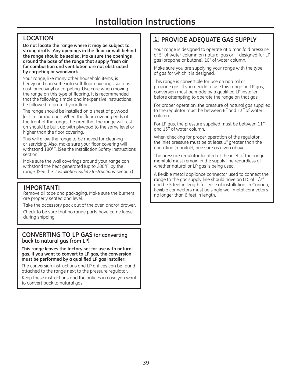 Location, Important, E provide adequate gas supply | Installation instructions | GE JGBP27DEMWW User Manual | Page 39 / 112