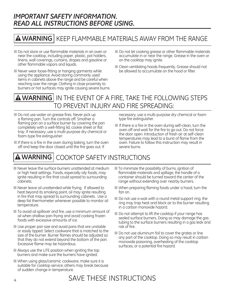Important safety information, Read all instructions before using, A warning | Save these instructions, Keep flammable materials away from the range, Cooktop safety instructions | GE JGBP27DEMWW User Manual | Page 4 / 112