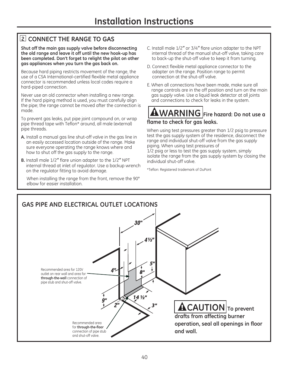 Connect the range to gas, Installation instructions, Warning | GE JGBP27DEMWW User Manual | Page 40 / 112