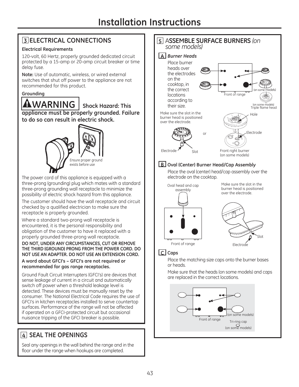 Electrical connections, Seal the openings, Assemble surface burners (on | Installation instructions, Warning | GE JGBP27DEMWW User Manual | Page 43 / 112