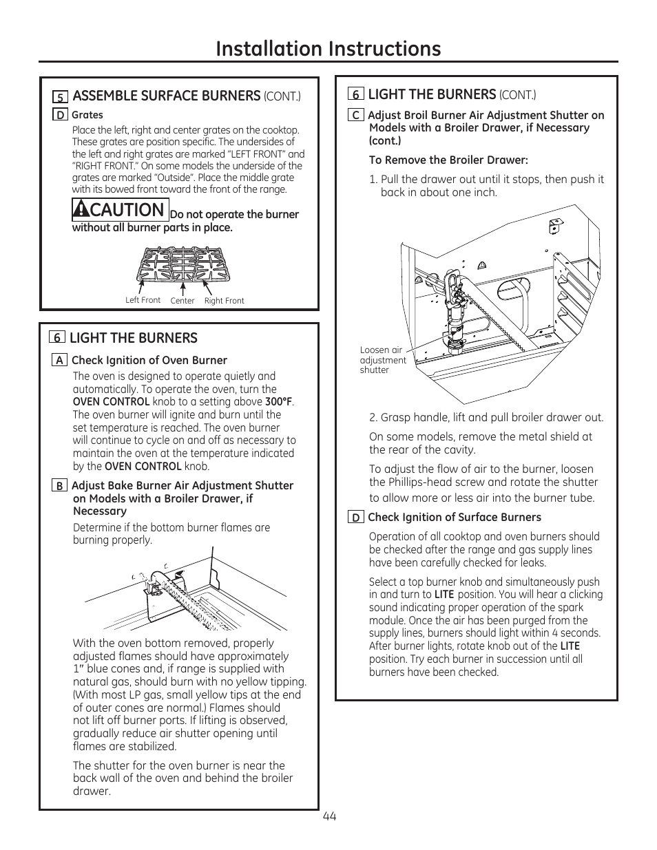 U assemble surface burners (cont.), H light the burners, E light the burners (cont.) | Installation instructions | GE JGBP27DEMWW User Manual | Page 44 / 112
