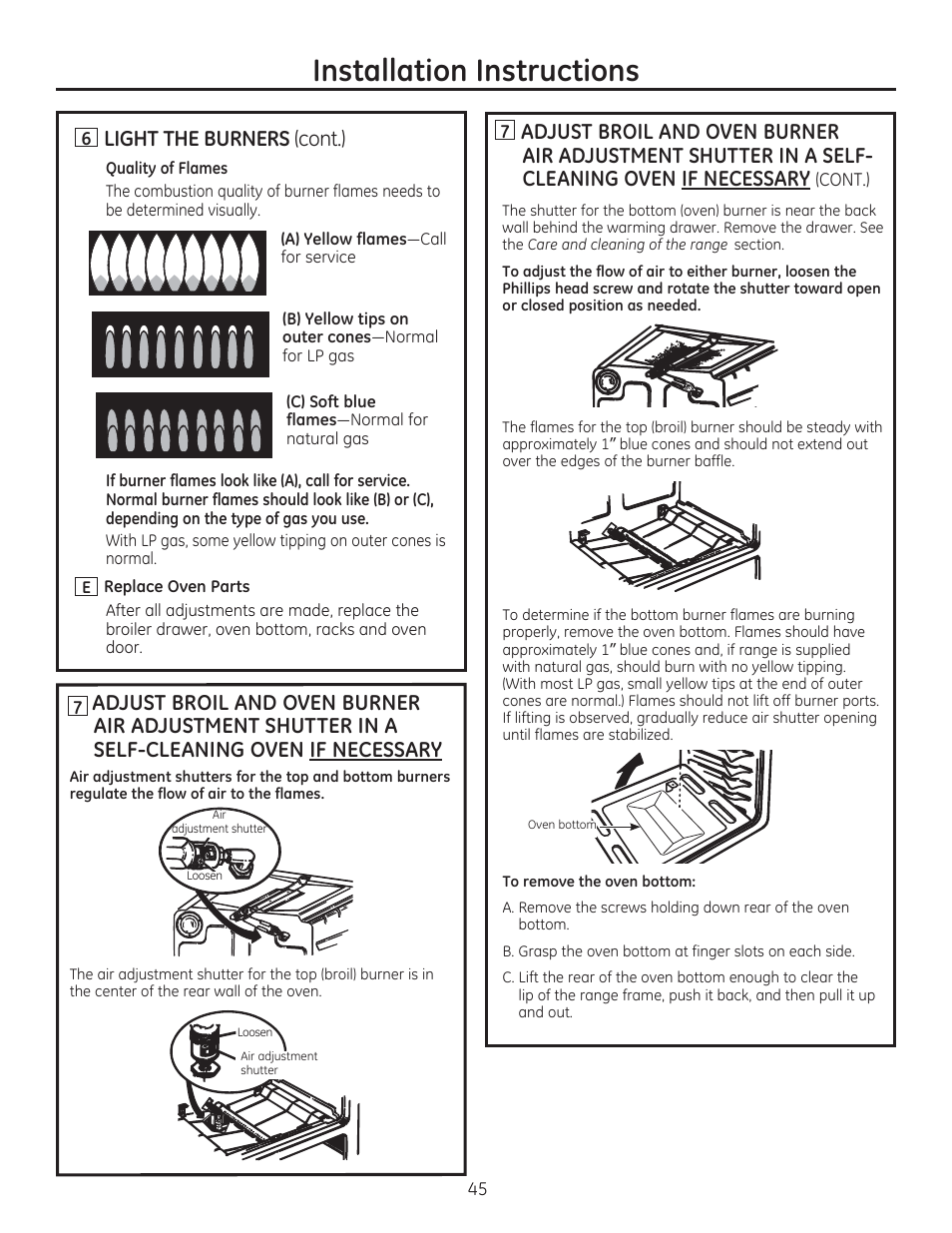 H light the burners (cont.), Installation instructions, Cont.) | GE JGBP27DEMWW User Manual | Page 45 / 112