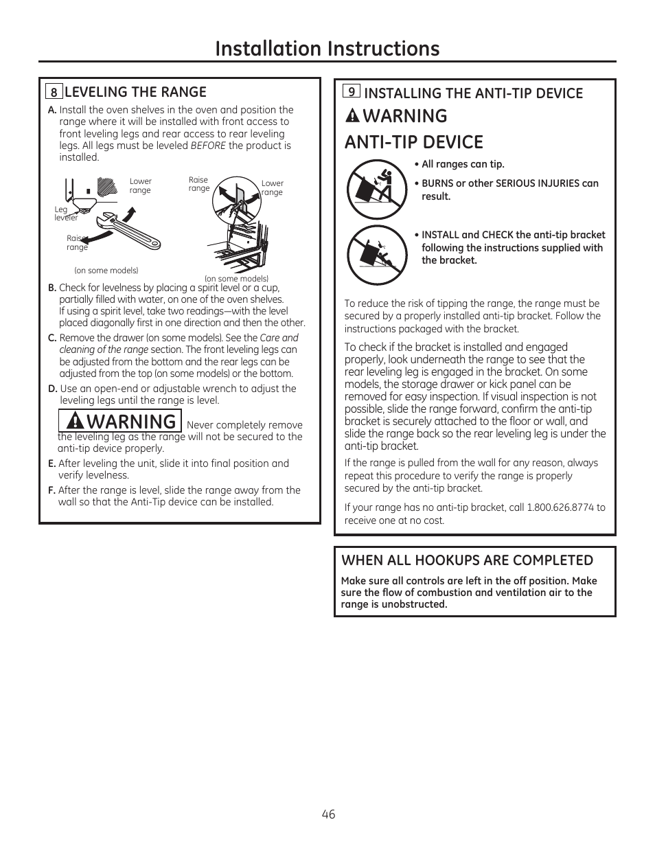 S installing the anti-tip device, When all hookups are completed, Installation instructions | Awarning anti-tip device, Warning | GE JGBP27DEMWW User Manual | Page 46 / 112