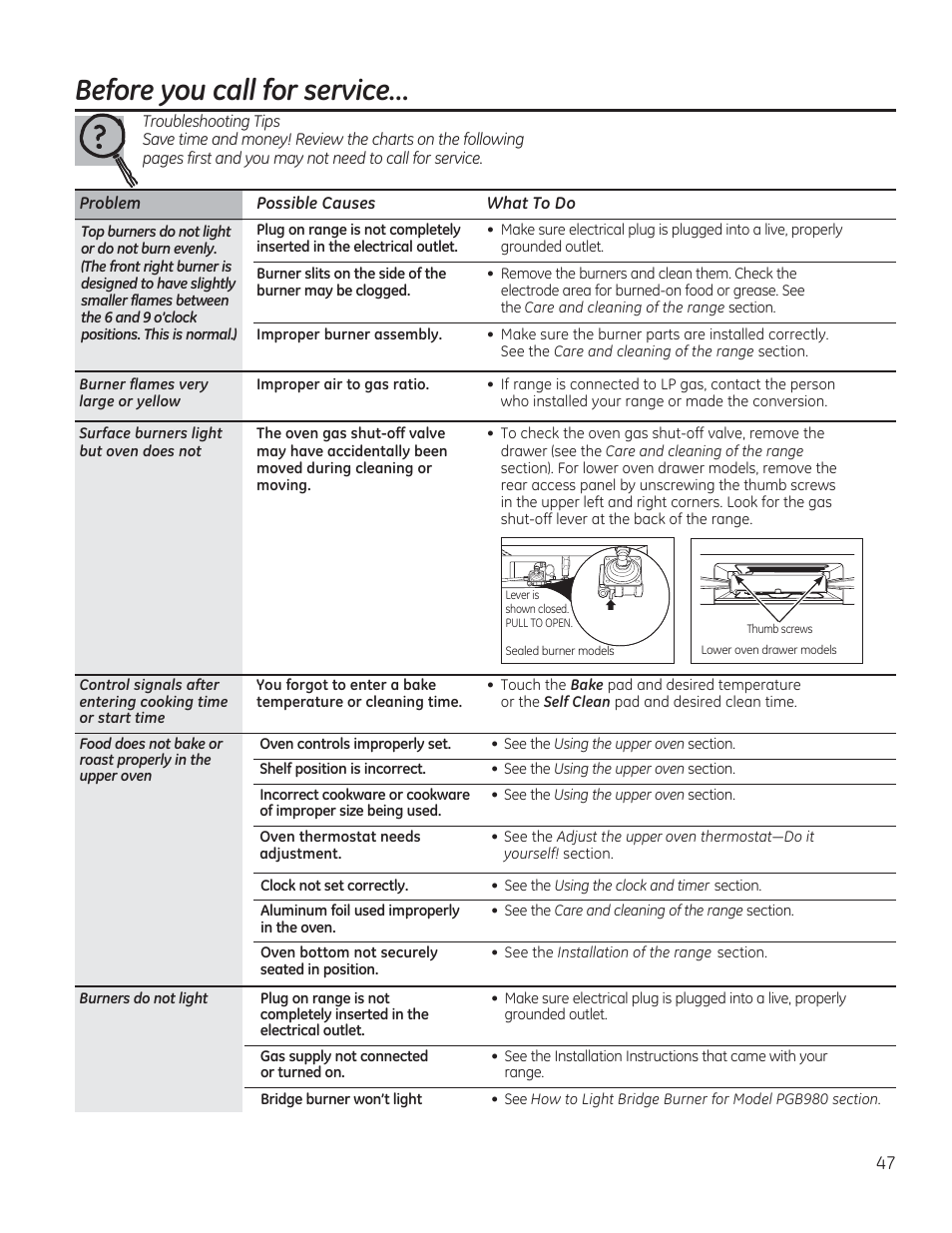 Before you call for service | GE JGBP27DEMWW User Manual | Page 47 / 112