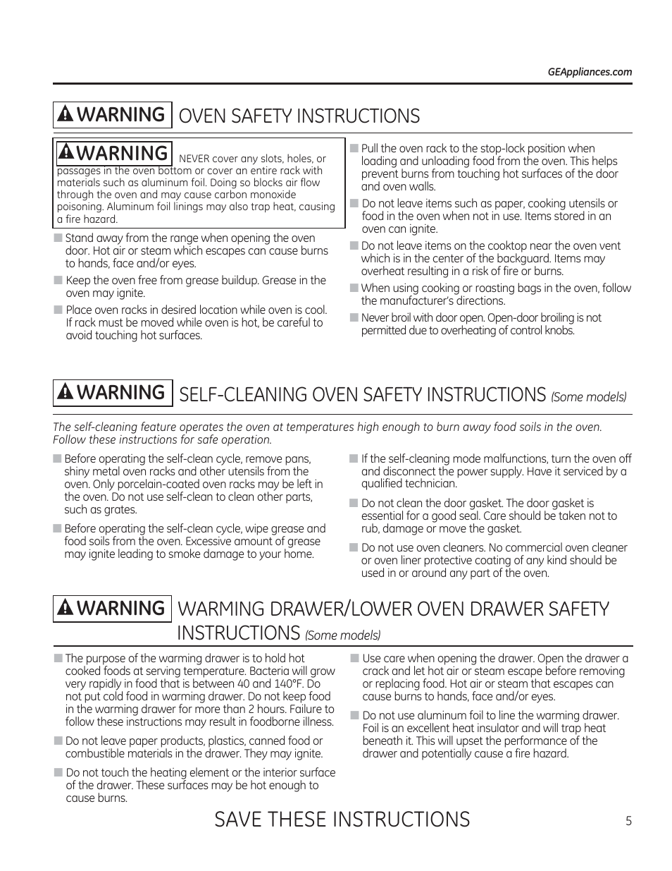 A warning, Awarning, Save these instructions | Oven safety instructions, Self-cleaning oven safety instructions, Warning | GE JGBP27DEMWW User Manual | Page 5 / 112