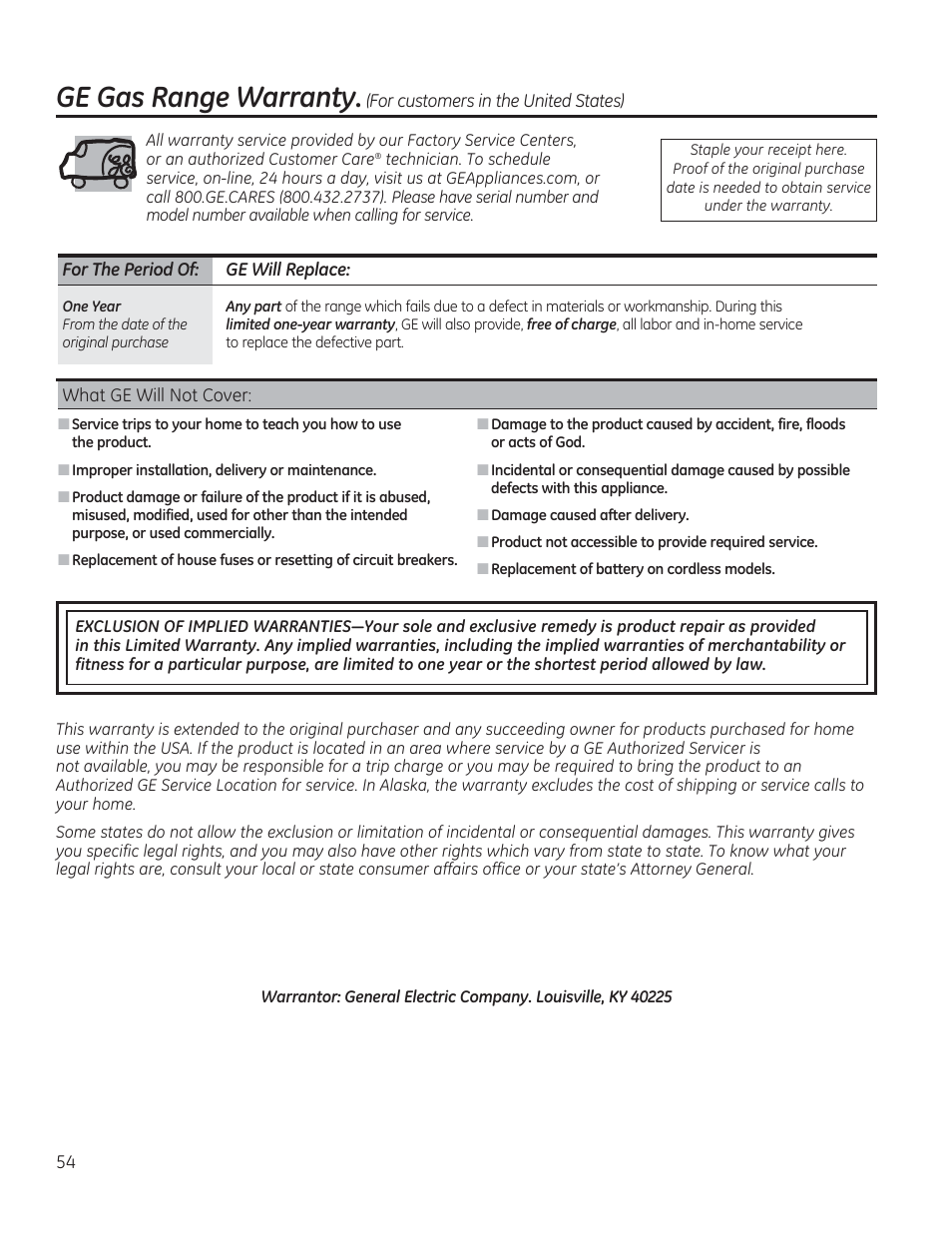 Ge gas range warranty | GE JGBP27DEMWW User Manual | Page 54 / 112