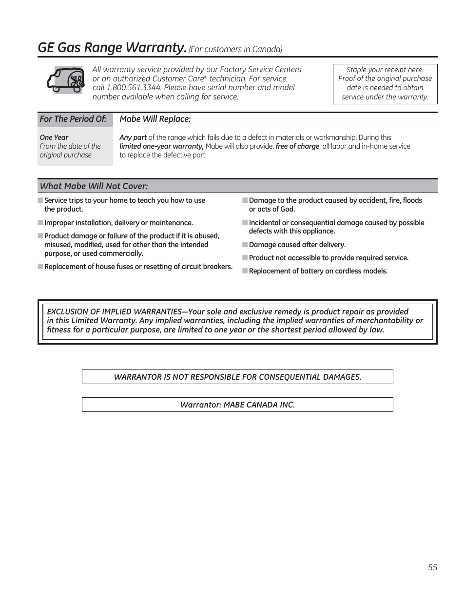 For the period of: habe will replace, What mabe will not cover, Ge gas range warranty | GE JGBP27DEMWW User Manual | Page 55 / 112