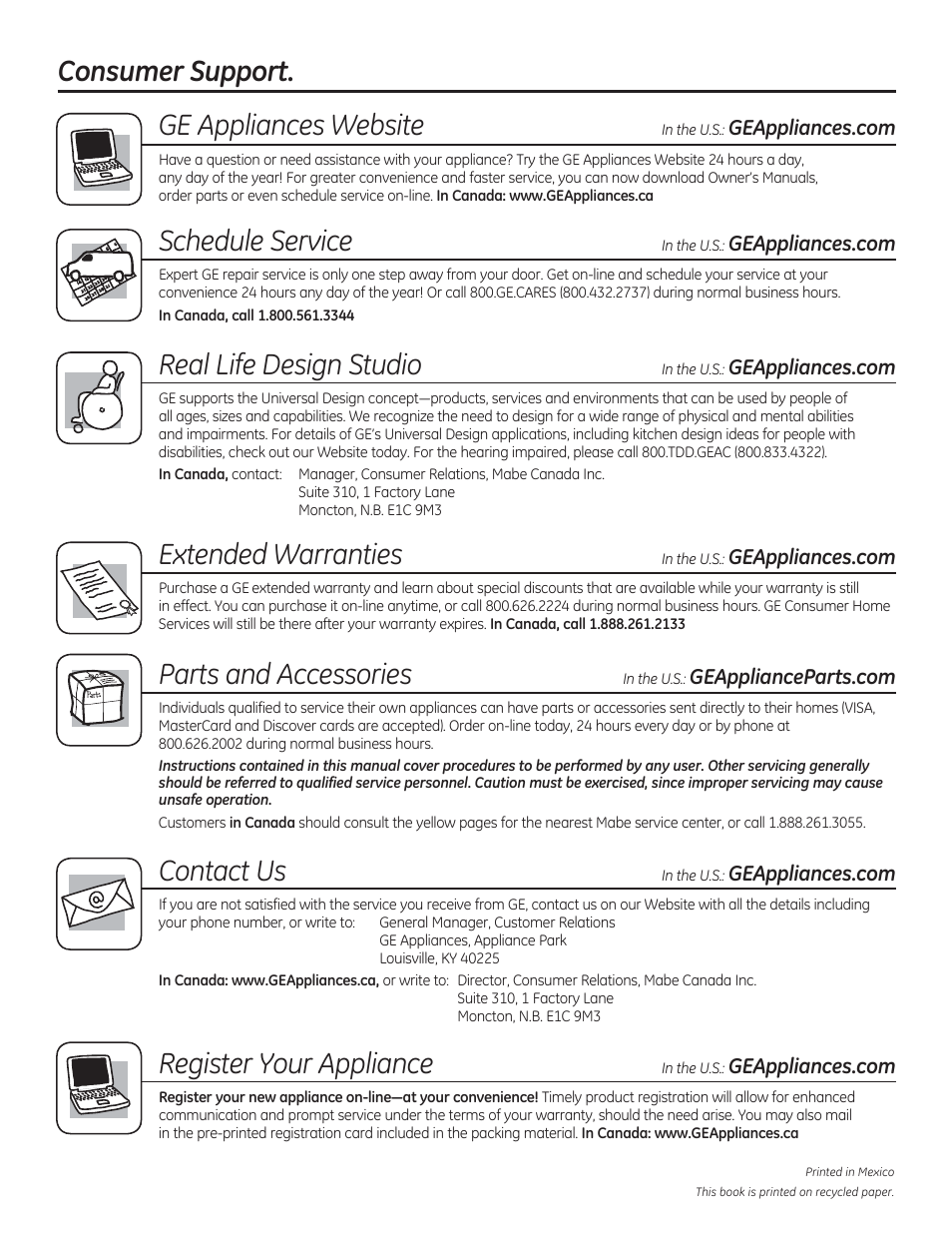 Consumer support, Ge appliances website, Schedule service | Real life design studio, Extended warranties, Parts and accessories, Contact us, Register your appliance | GE JGBP27DEMWW User Manual | Page 56 / 112