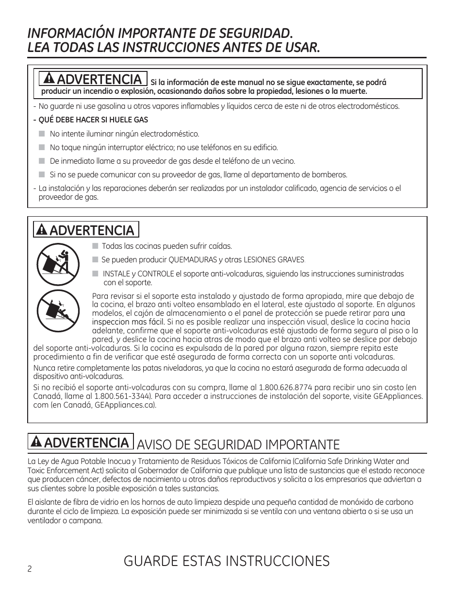 Informacion importante de seguridad, Lea todas las instrucciones antes de usar, A advertencia | Guarde estas instrucciones, Aviso de seguridad importante | GE JGBP27DEMWW User Manual | Page 58 / 112