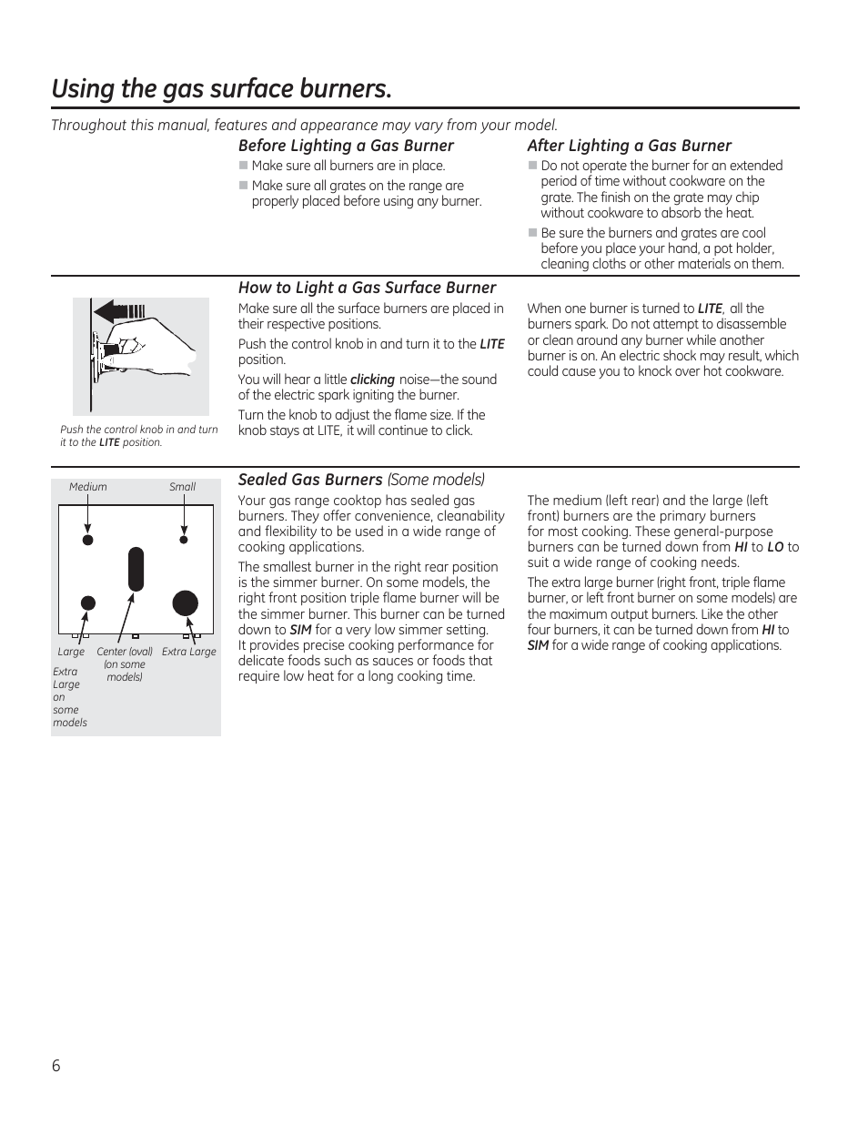 Using the gas surface burners, How to light a gas surface burner | GE JGBP27DEMWW User Manual | Page 6 / 112