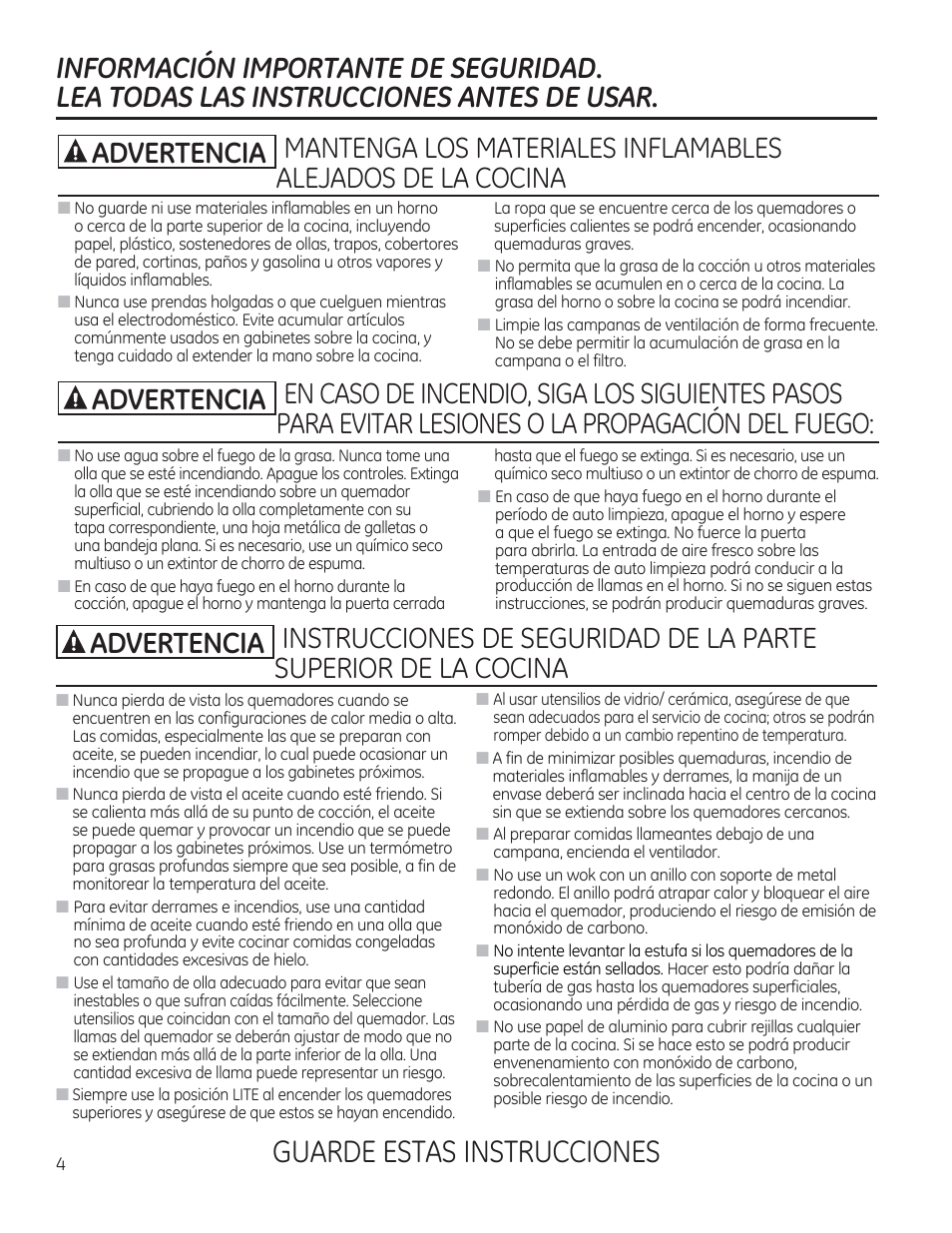 Informacion importante de seguridad, Lea todas las instrucciones antes de usar, A advertencia | Guarde estas instrucciones | GE JGBP27DEMWW User Manual | Page 60 / 112