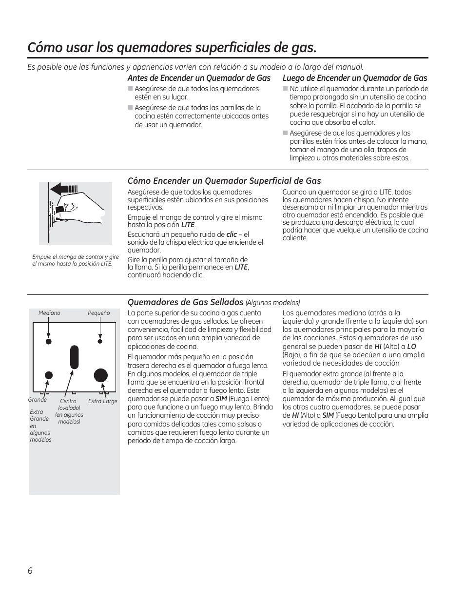 Cómo usar los quemadores superficiales de gas, Antes de encender un quemador de gas, Luego de encender un quemador de gas | Cómo encender un quemador superficial de gas, Quemadores de gas sellados (algunos modelos) | GE JGBP27DEMWW User Manual | Page 62 / 112