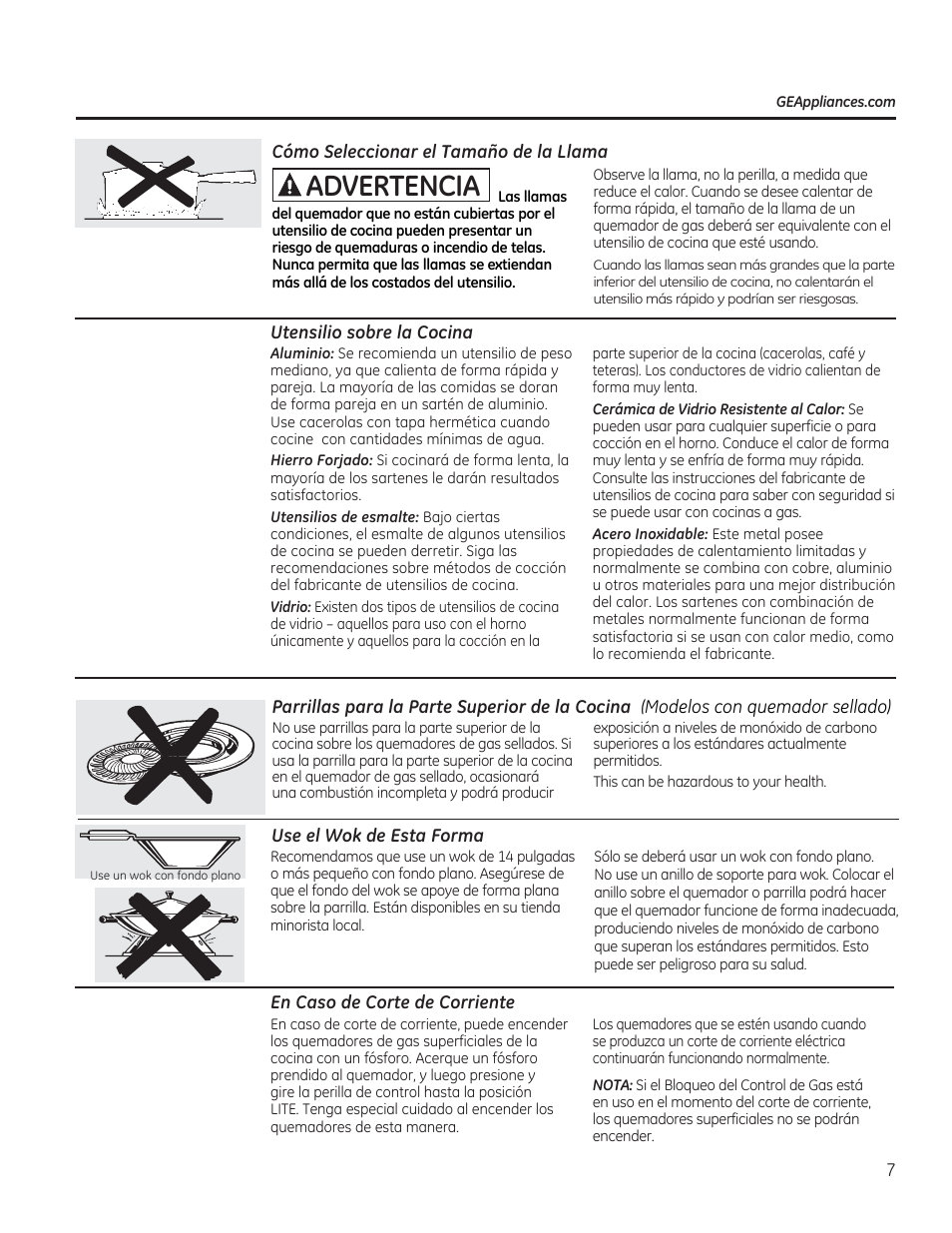 Cómo seleccionar el tamaño de la llama, Use el wok de esta forma, En caso de corte de corriente | A advertencia | GE JGBP27DEMWW User Manual | Page 63 / 112