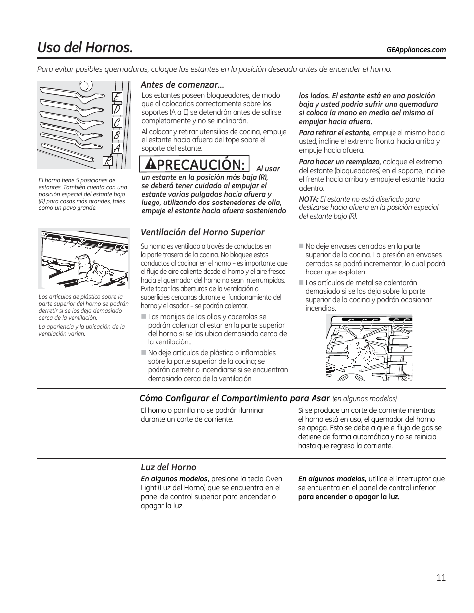 Antes de comenzar, Ventilación del horno superior, Luz del horno | Del horno, A precaución, Uso del hornos | GE JGBP27DEMWW User Manual | Page 67 / 112