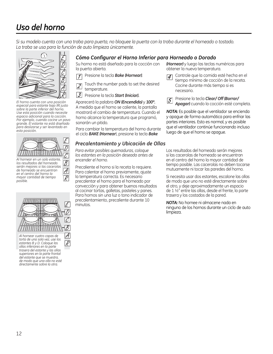 Precalentamiento y ubicación de ollas, Uso del horno | GE JGBP27DEMWW User Manual | Page 68 / 112