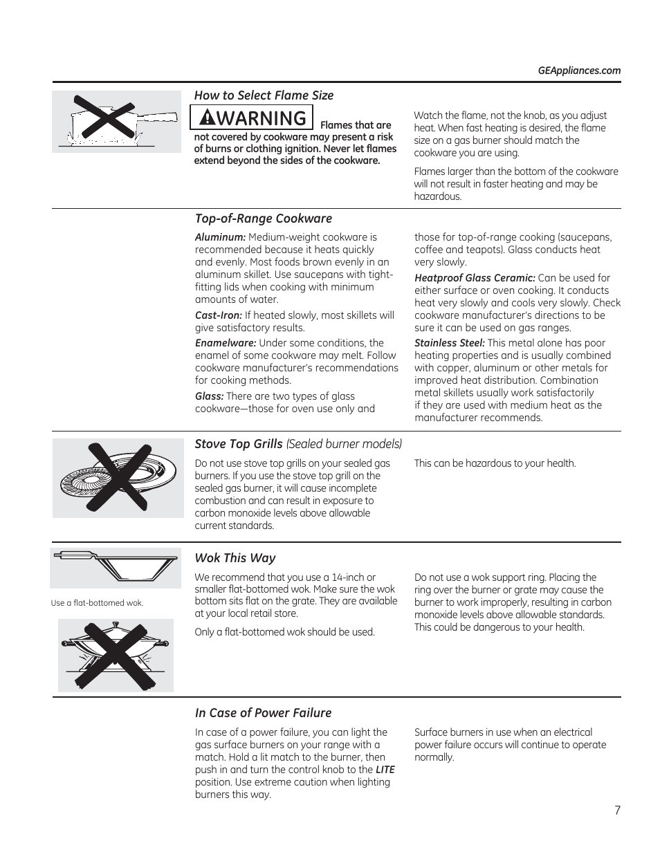 How to select flame size, Top-of-range cookware, Wok this way | In case of power failure, A warning | GE JGBP27DEMWW User Manual | Page 7 / 112