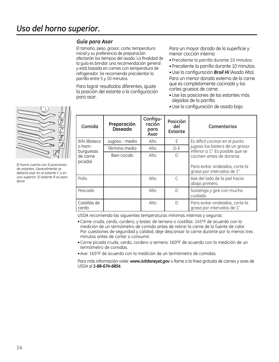 Guía para asar, Asar, guía para asar -15, Uso del horno superior | GE JGBP27DEMWW User Manual | Page 70 / 112