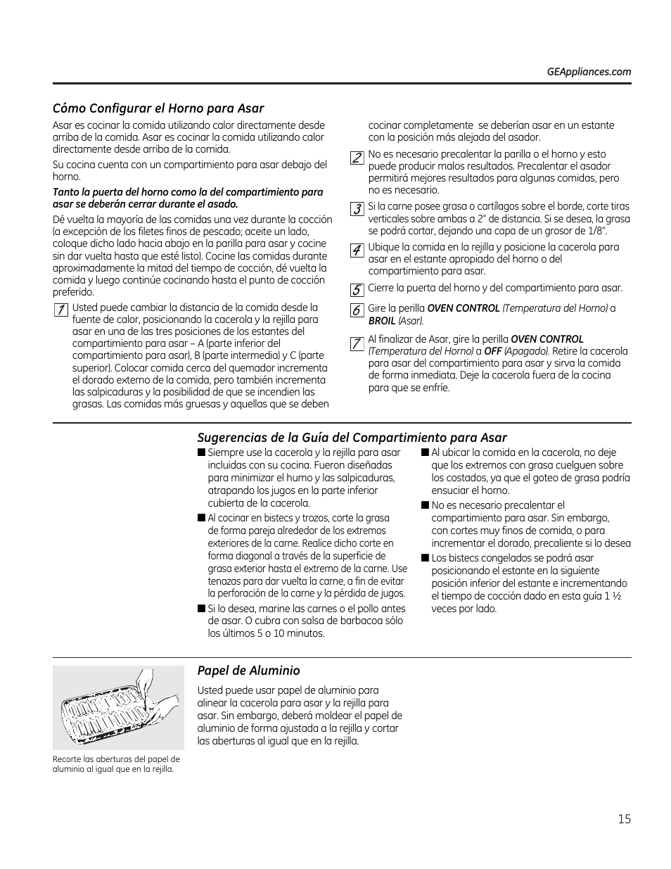 Cómo configurar el horno para asar, Papel de aluminio, Popel de aluminio ,15 | GE JGBP27DEMWW User Manual | Page 71 / 112