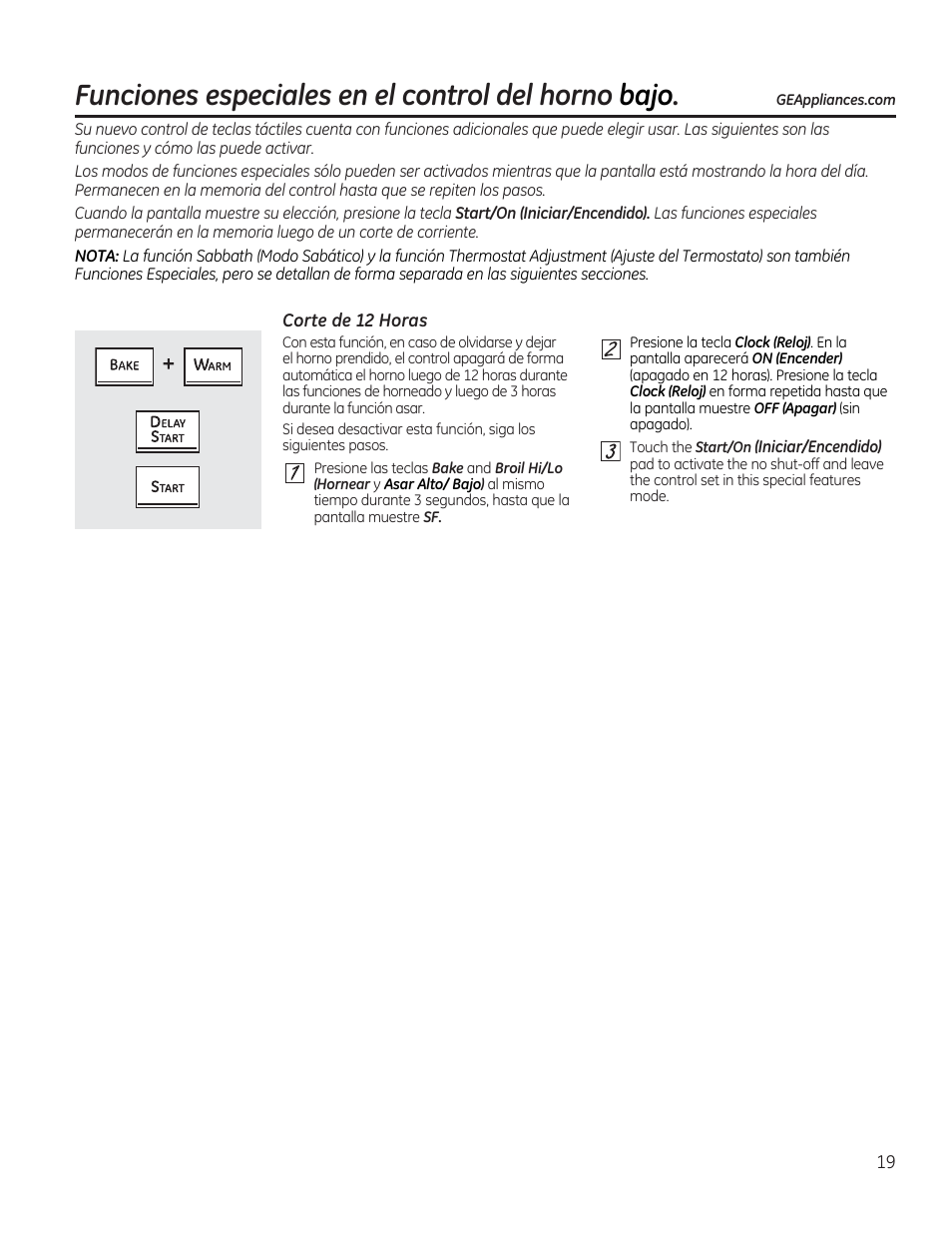 Funciones especiales en el control del horno bajo, Corte de 12 horas | GE JGBP27DEMWW User Manual | Page 75 / 112