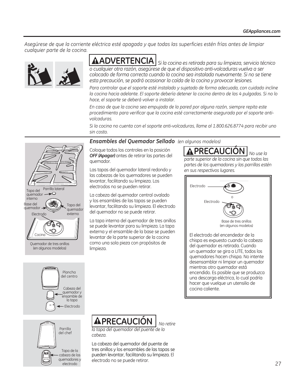 Aadvertencia, Aprecaucion, Aadvertencia aprecaucion | Precaución | GE JGBP27DEMWW User Manual | Page 83 / 112